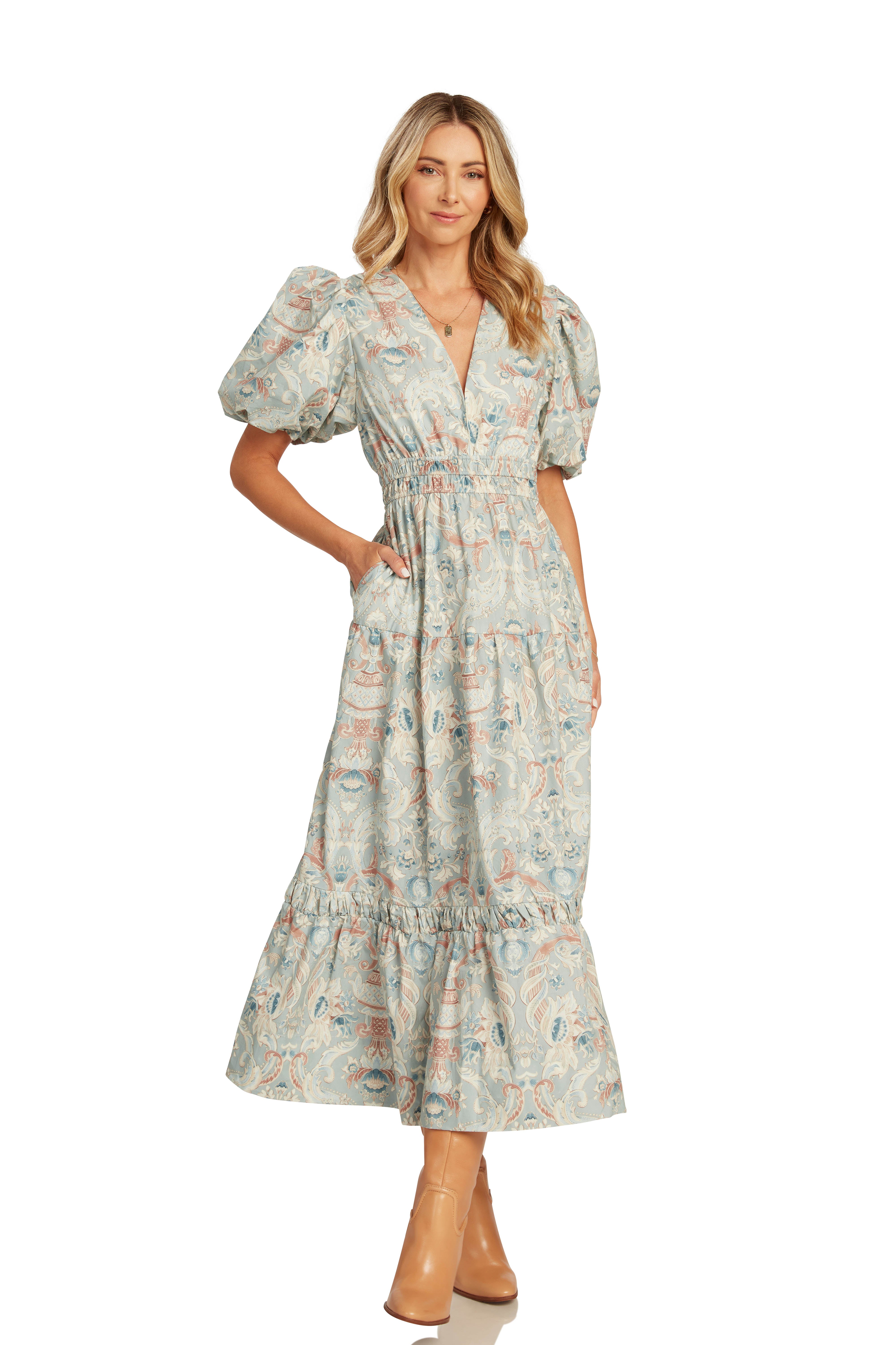 MAGGIE DRESS BLUE DAMASK