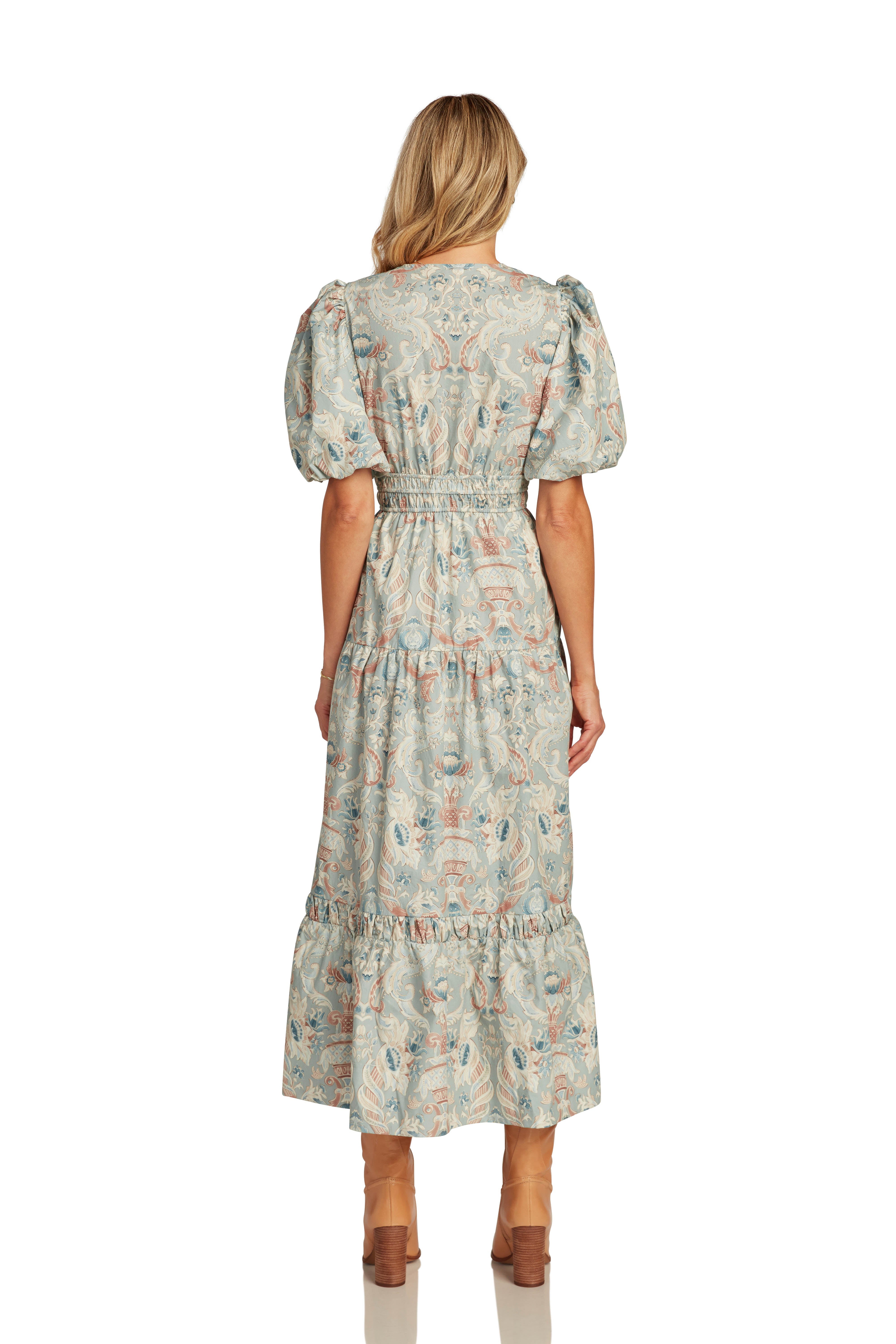 MAGGIE DRESS BLUE DAMASK