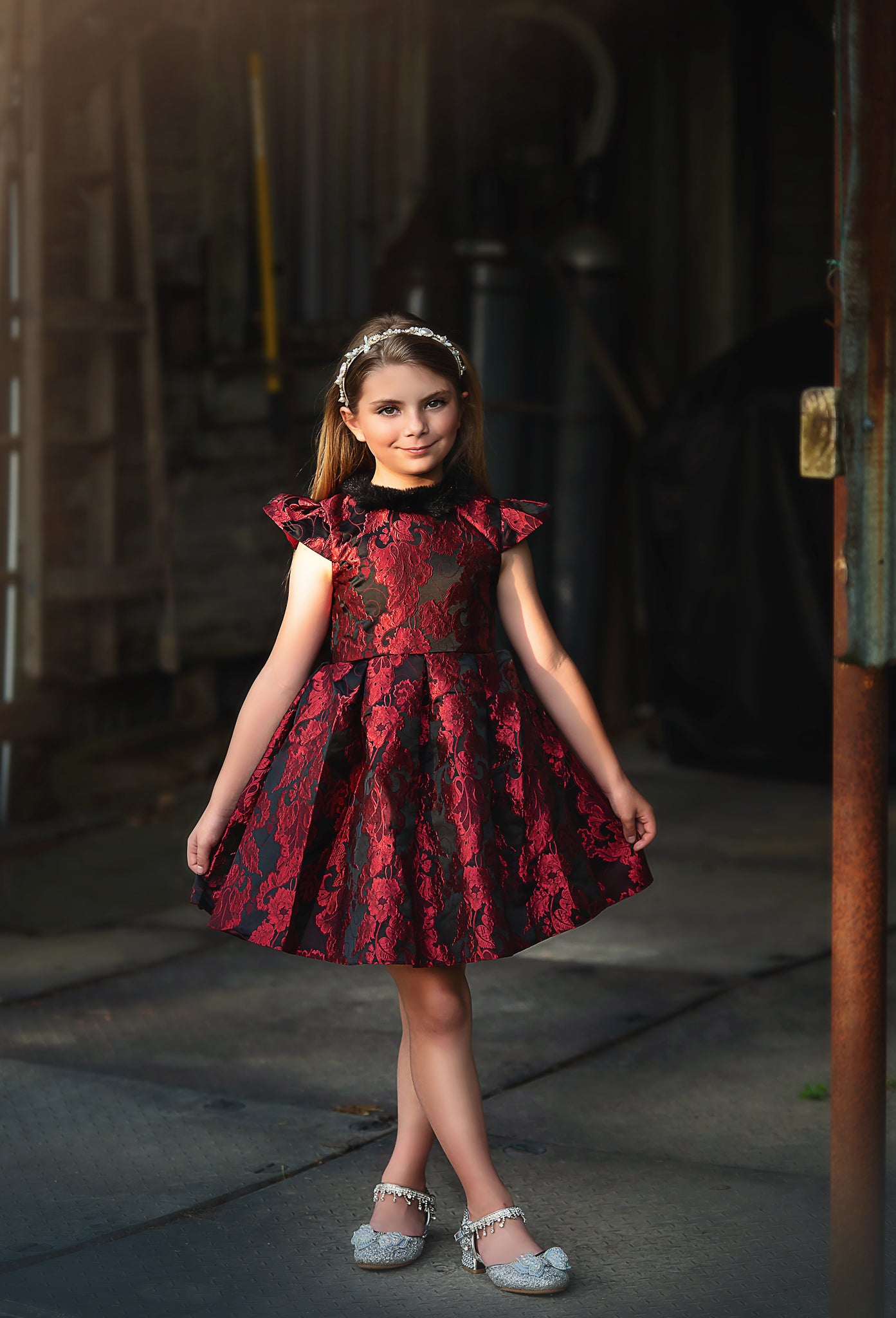 EVANGELINE DRESS CRIMSON JACQUARD