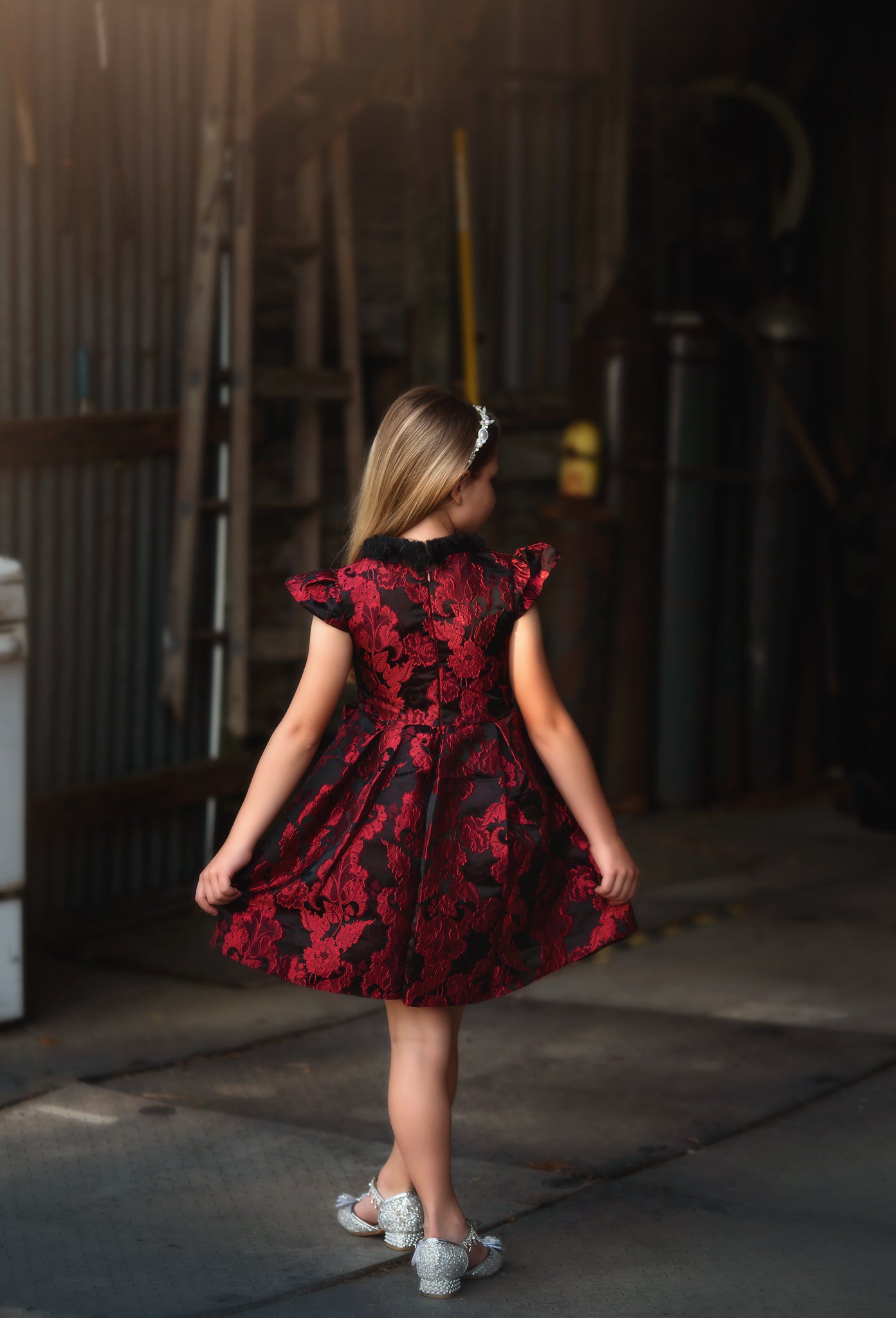 EVANGELINE DRESS CRIMSON JACQUARD