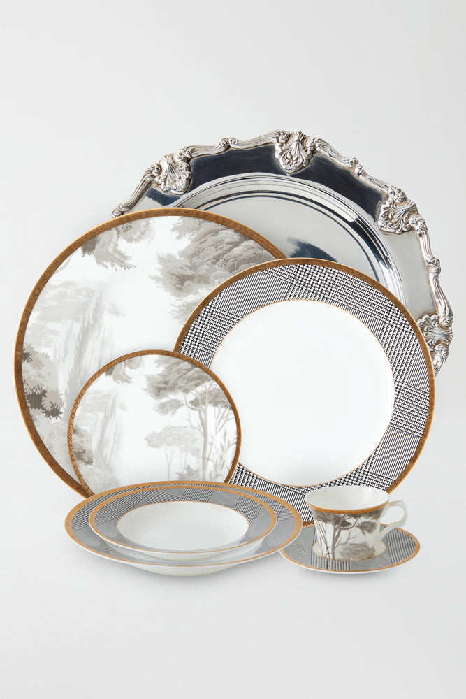 GRISAILLE & GLEN PLAID 5PC. BONE CHINA SET