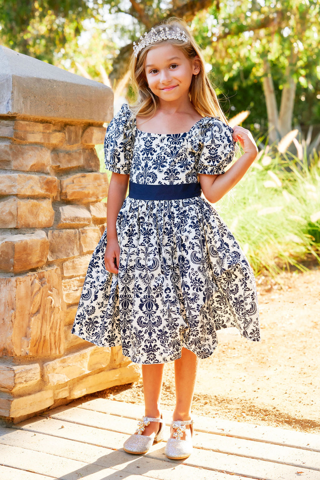 ARIELLE DRESS NAVY DAMASK